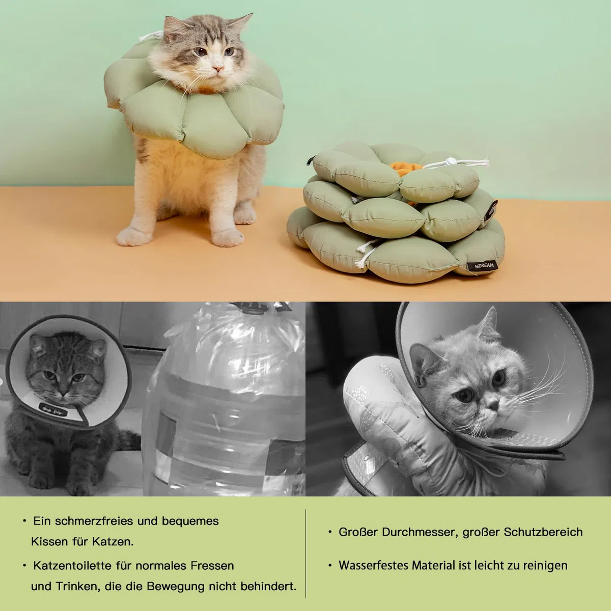 Halskrause Katze, Einstellbarer Katzenhalskragen, Weiche Blumen Katzenhalskrause Kragen Cone, für Katzen und kleine Hunde nach Operationen und Verletzungen (grüner, M)