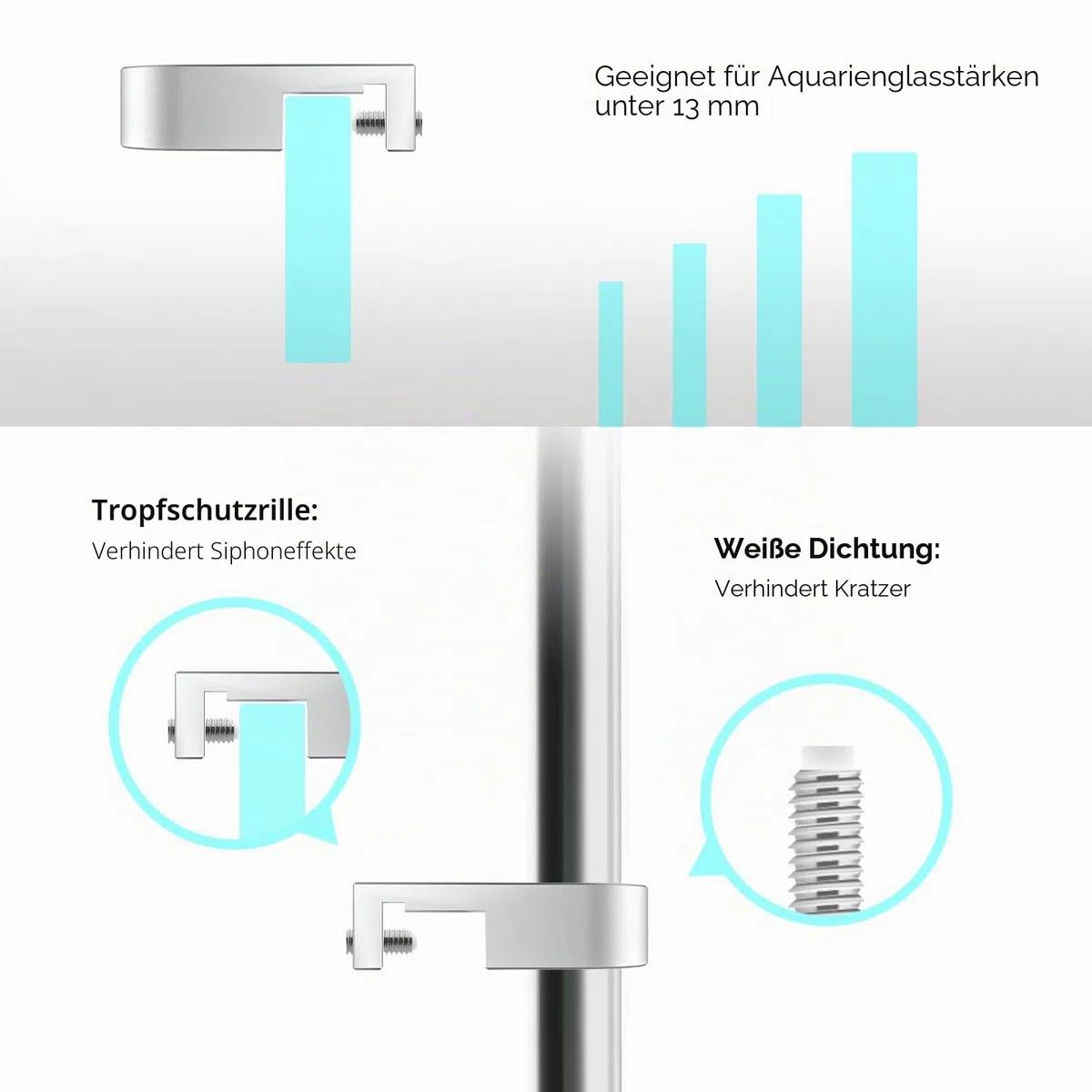 FZONE Mini-Aquarium-Befestigungsklemme, Halterung aus Aluminiumlegierung für randlose Aquarien, Befestigung von Wasserrohren mit Anti-Überlauf-Kartenschlitz für Aquarium-Einlass- und Auslassrohre
