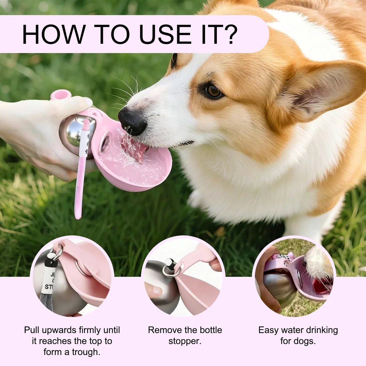 Trinkflasche Hunde für Unterwegs, Edelstahl Hunde Trinkflasche, Auslaufsichere & Kompakte Hundetrinkflasche,mit Faltbarem Silikonnapf, für Spaziergänge, Wanderungen & Reisen,285 ml (Rosa)