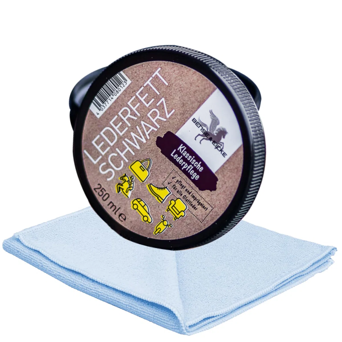 esnado - Bense & Eicke Lederfett Schwarz 250 ml + 1 Mikrofasertuch - pflegt und imrägniert - perfekte Lederpflege für Glattleder, Autositze, Motorradkleidung, Sättel