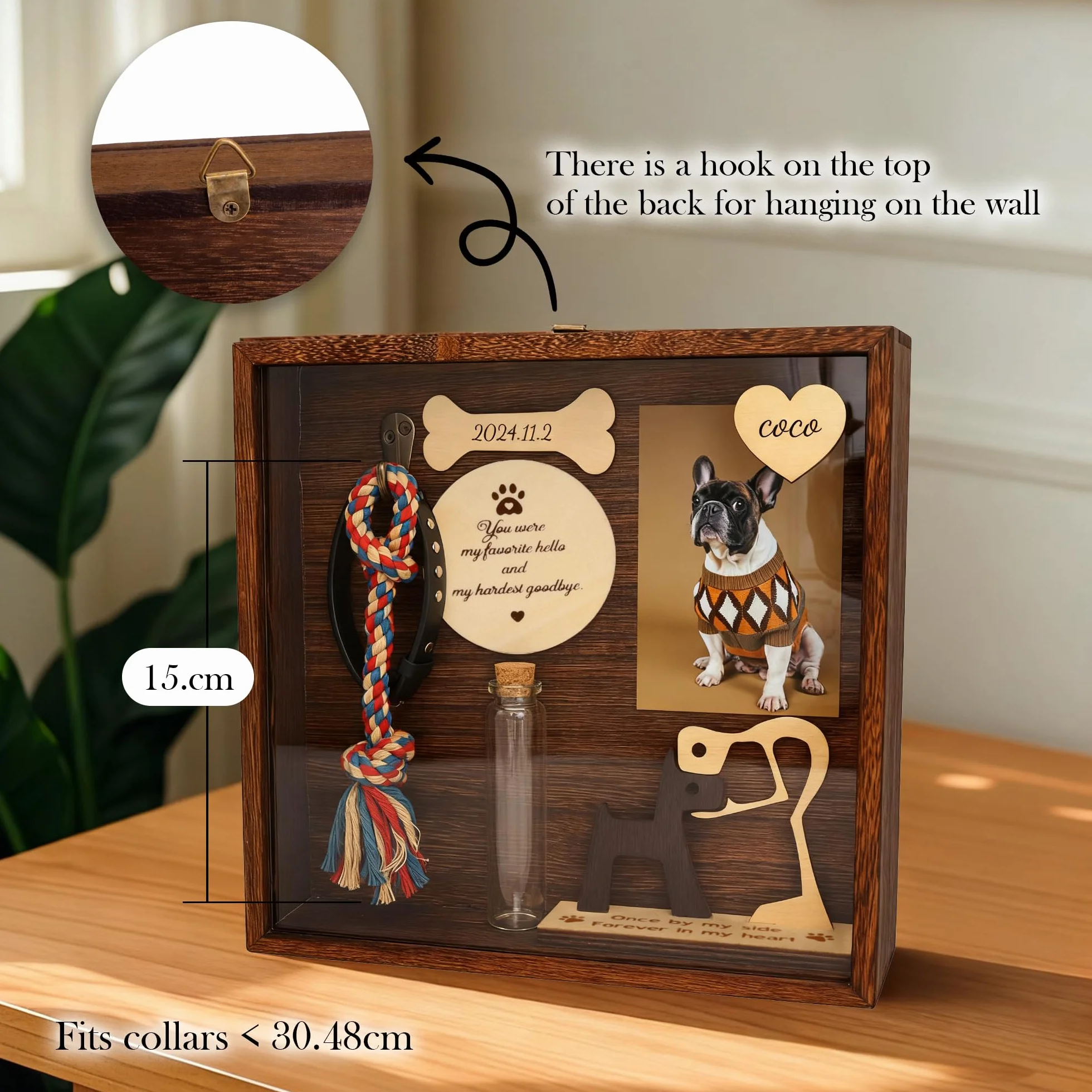21,8 cm Große Schattenbox für Haustiere Gedenkgeschenk,Halsbandhalter,Bilderrahmen,Hundeskulptur Holz,Beileidsgeschenk Tierliebhaber,Tisch Wandbehang (Dunkelbraun)