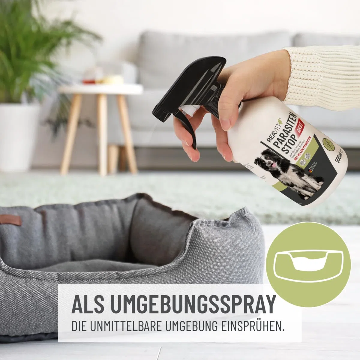 ReaVET Parasitenspray Insektenspray XL AKUT - gegen ALLE Parasiten für Hunde & Tierumgebung 500ml I Abwehr von Zecken, Flöhe, Milben I Ungeziefer-Spray, Zeckenspray, Flohspray, Milbenspray
