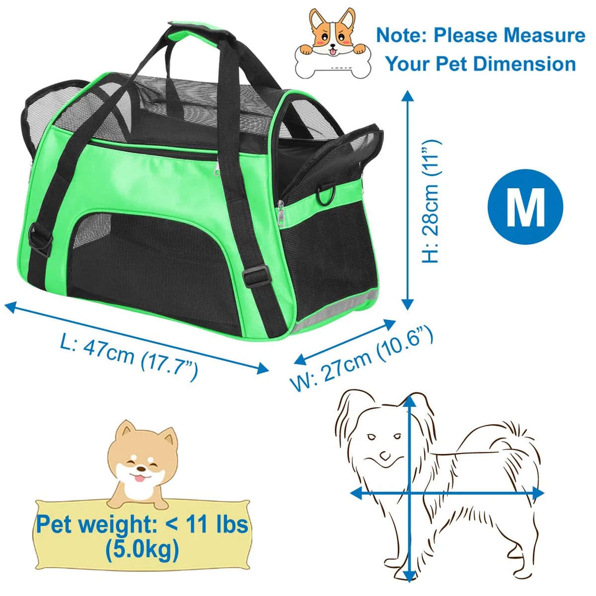 Haustier Reise Tragetasche für Katze Hund Kaninchen Hamster, Flugzeug Genehmigt Weich Seitlich Tragbare Haustier Tasche mit Schultergurt (M - 47x27x28 cm for Max 5KG Pet, Grün)