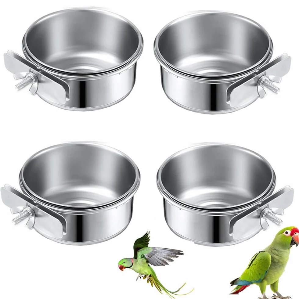 4 Stücke Edelstahl Vogelnapf Futter Schüssel Futternapf, 10x4.5cm Wasserschale, Futternapf Fütterungsbecher zum Aufhängen Käfig-Futterstation für Samen für Vogel Papageien,Vogelkäfig Zubehör