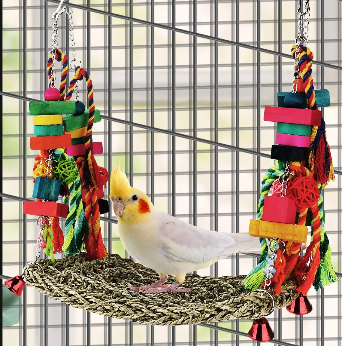 Vogelspielzeug, Sittichspielzeug, Vogelfutter, Wandspielzeug, Seegras, gewebte Hängematte, Schaukelmatte zum Klettern, Barsch, Schaukel, mit Buntem Holzkauspielzeug für Lovebirds, Sittiche (groß)