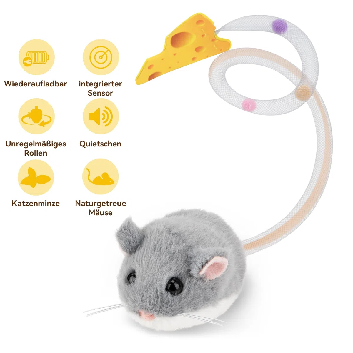 Migipaws Interaktives Katzenspielzeug, elektrisch rollende Migimaus mit wackelndem Schwanz,Intelligenter Sensor, Quietschen, Katzenspielzeug selbstbeschäftigung mit Katzenminze,wiederaufladbar