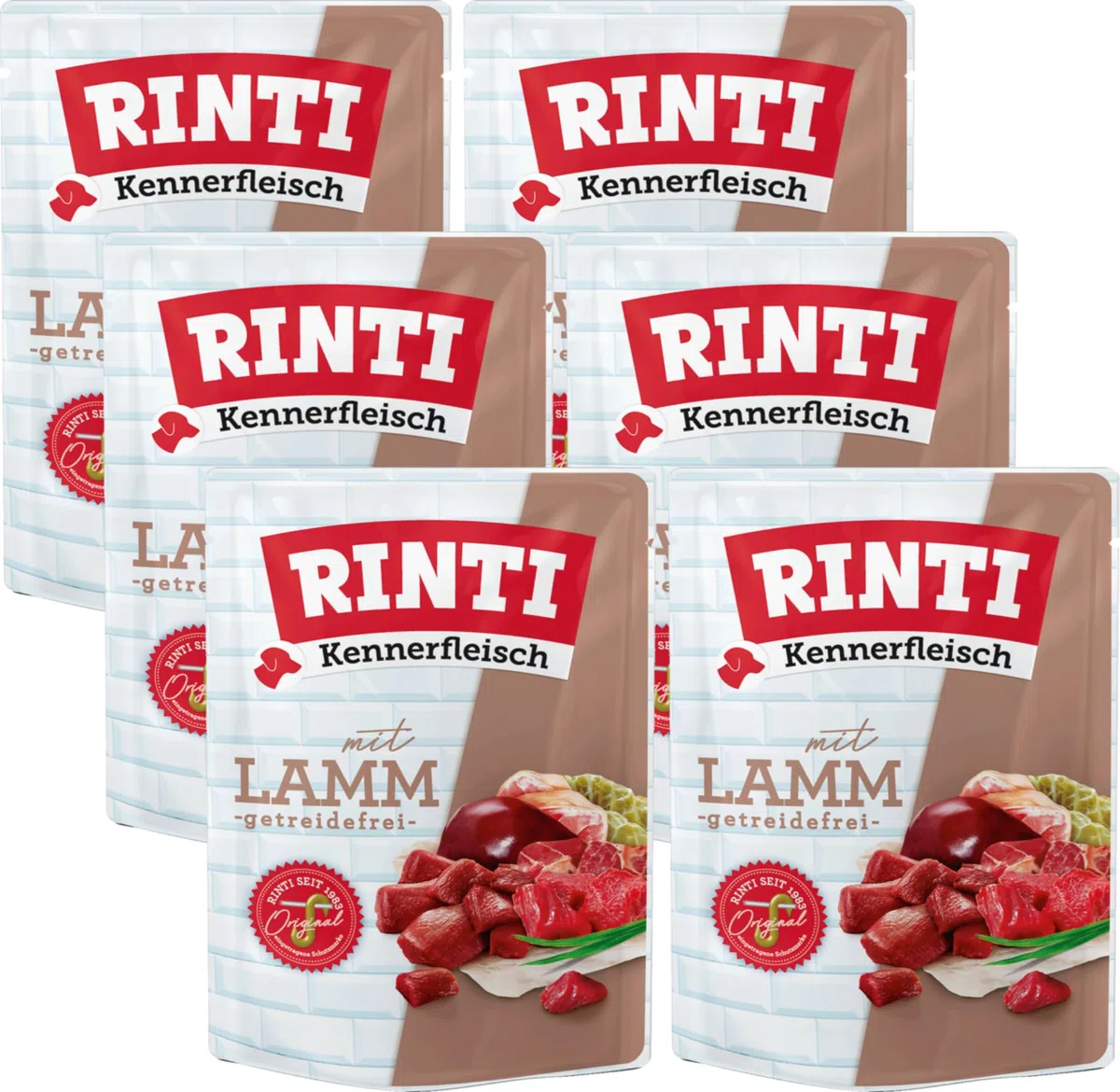 Rinti Kennerfleisch Lamm | 6 x 400g Frischebeutel | 70 % Fleisch & Innereien | Getreidefrei | Mit Omega 3 & Ballaststoffen | Alleinfutter für ausgewachsene Hunde | Ohne Formfleisch