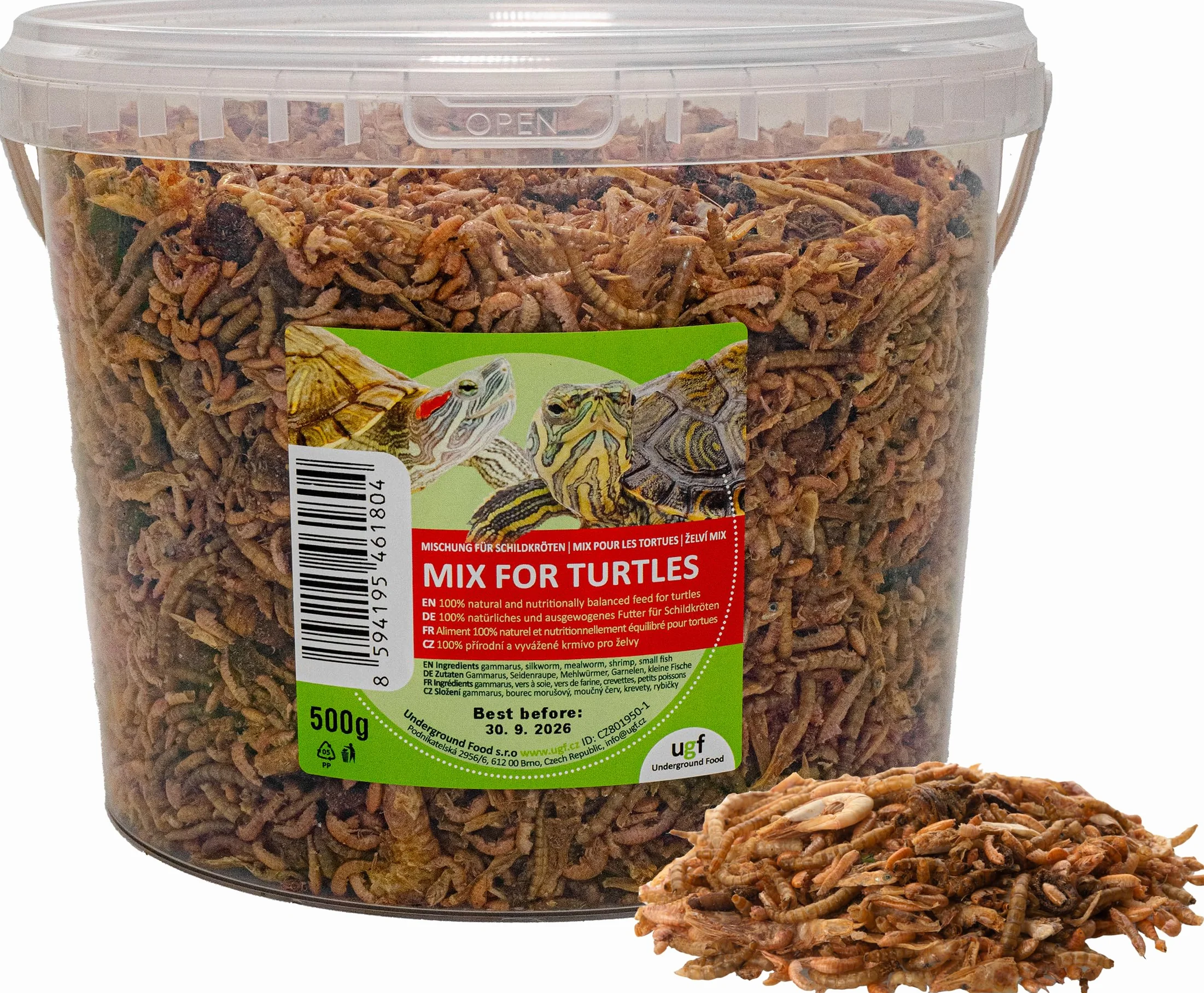 UGF - Universal Schildkröten Futter Mix - 500g im 3 Liter Eimer, Ausgewogenes Schildkrötenfutter, Gammarus, Seidenraupen, Mehlwürmer, Garnelen und getrockneter Fisch, Wasserschildkröten Futter