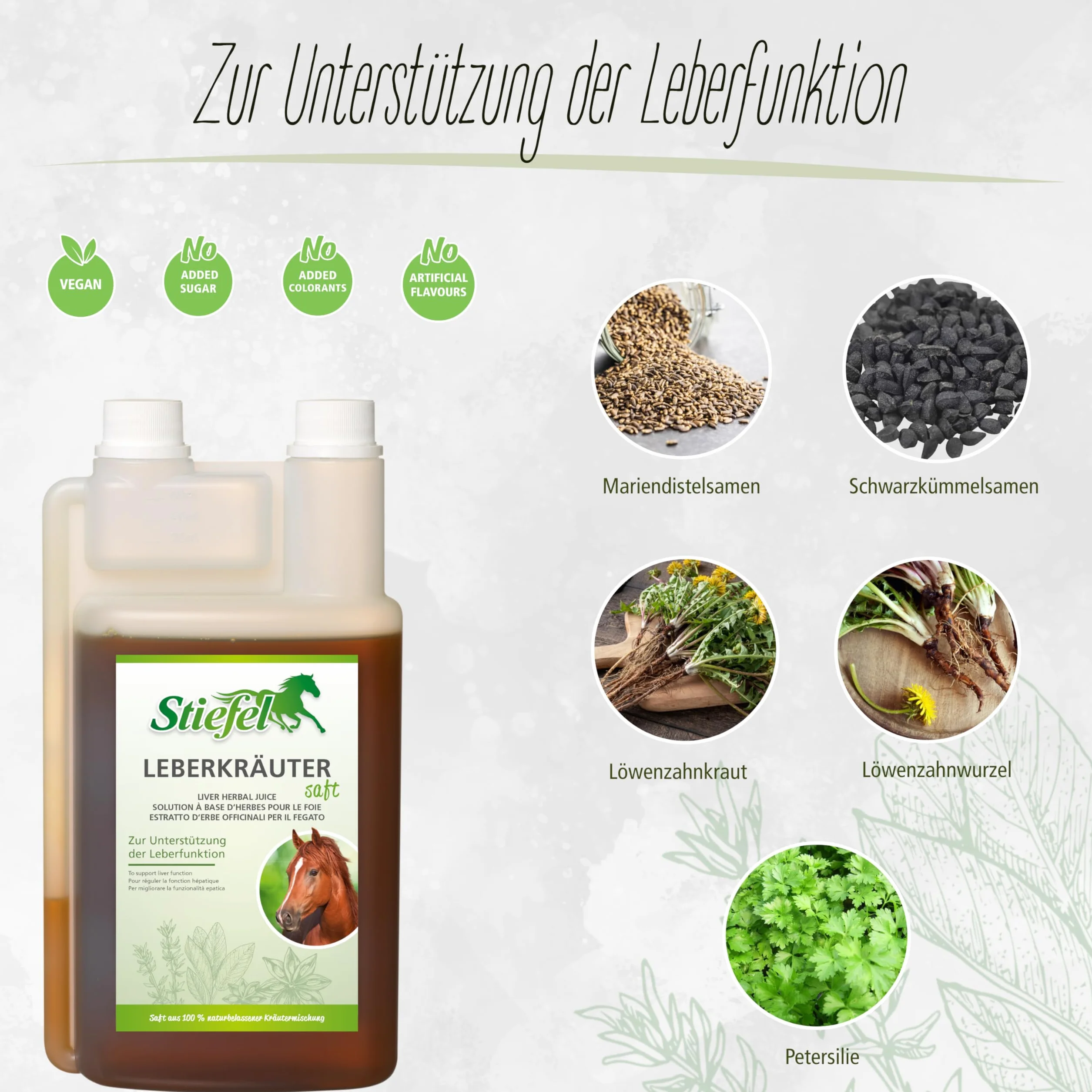 Stiefel Leberkräutersaft für Pferde, aus Einer 100% naturbelassenen Kräutermischung, kann zur Unterstützung der Leberfunktion beitragen, mit Bitter- & Gerbstoffen, flüssig mit Dosierflasche, 1l