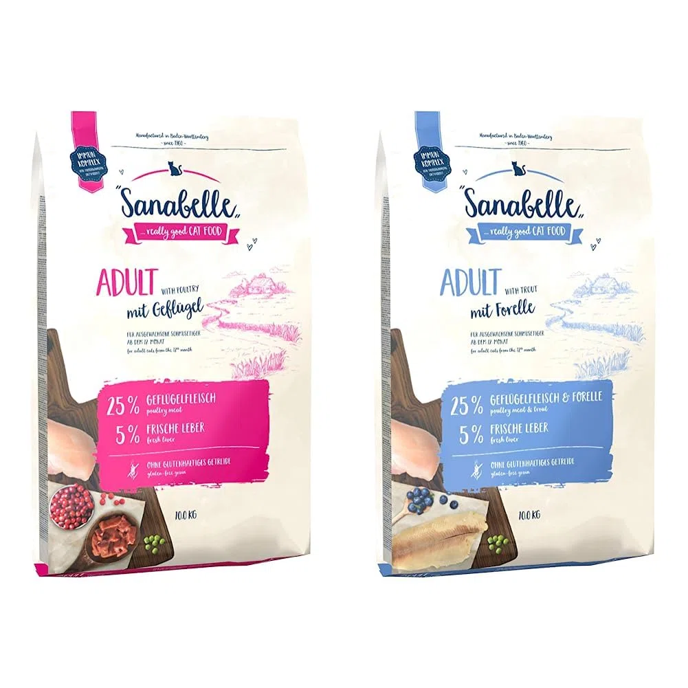 Sanabelle Adult mit Geflügel | Katzentrockenfutter für ausgewachsene Katzen | 1 x 10 kg & Adult mit Forelle | Katzentrockenfutter für ausgewachsene Katzen | 1 x 10 kg,