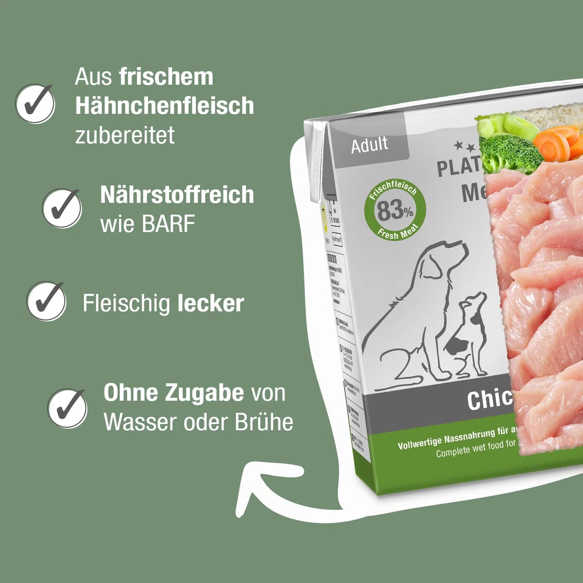 PLATINUM - Hundenahrung Menu Adult Chicken aus Fleischsaftgarung - 12 x 375 g Hundenassfutter nährstoffreich wie Barf - besonders schmackhaft für kleine und große Hunde - BPA-frei, in DE geprüft
