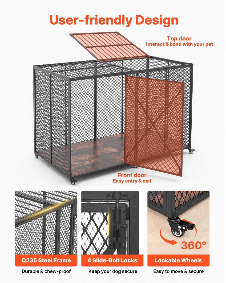VEVOR Hundekäfig Hochbelastbar 1626x837x1037 mm, Hundebox Geeignet für Große Hunderassen bis 136 kg, Haustierkäfig Hundegitterbox aus Stahlrahmen mit Doppeltüren & Feststellbaren Rollen
