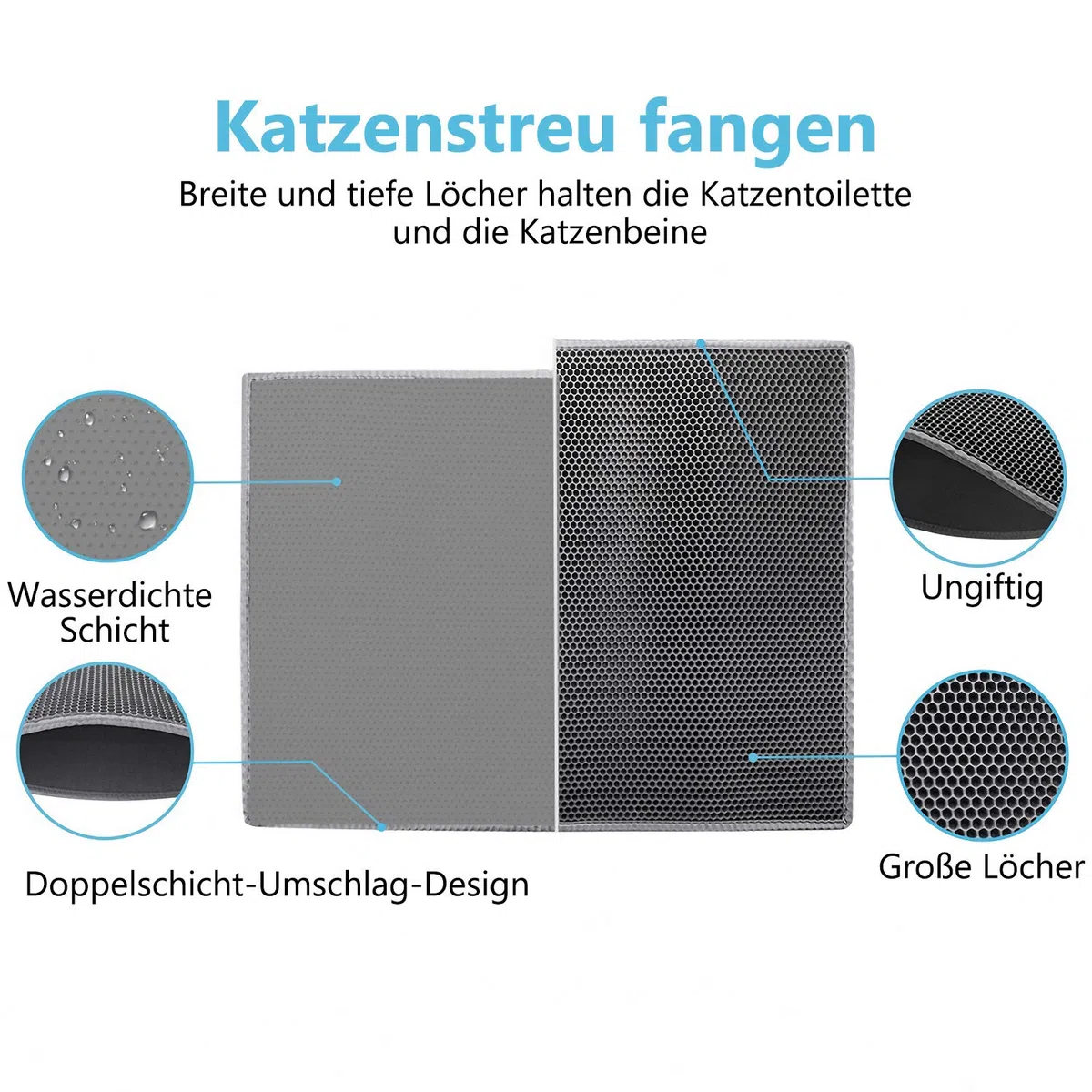 Pieviev Katzenklo Matte, Katzenstreu Matte Katzenklo Unterleger Waben Design Katzentoilette Vorleger Wasserdichte Doppelte Schichte Entwurf Bienenwabe Mat (Grau 61x38 cm)