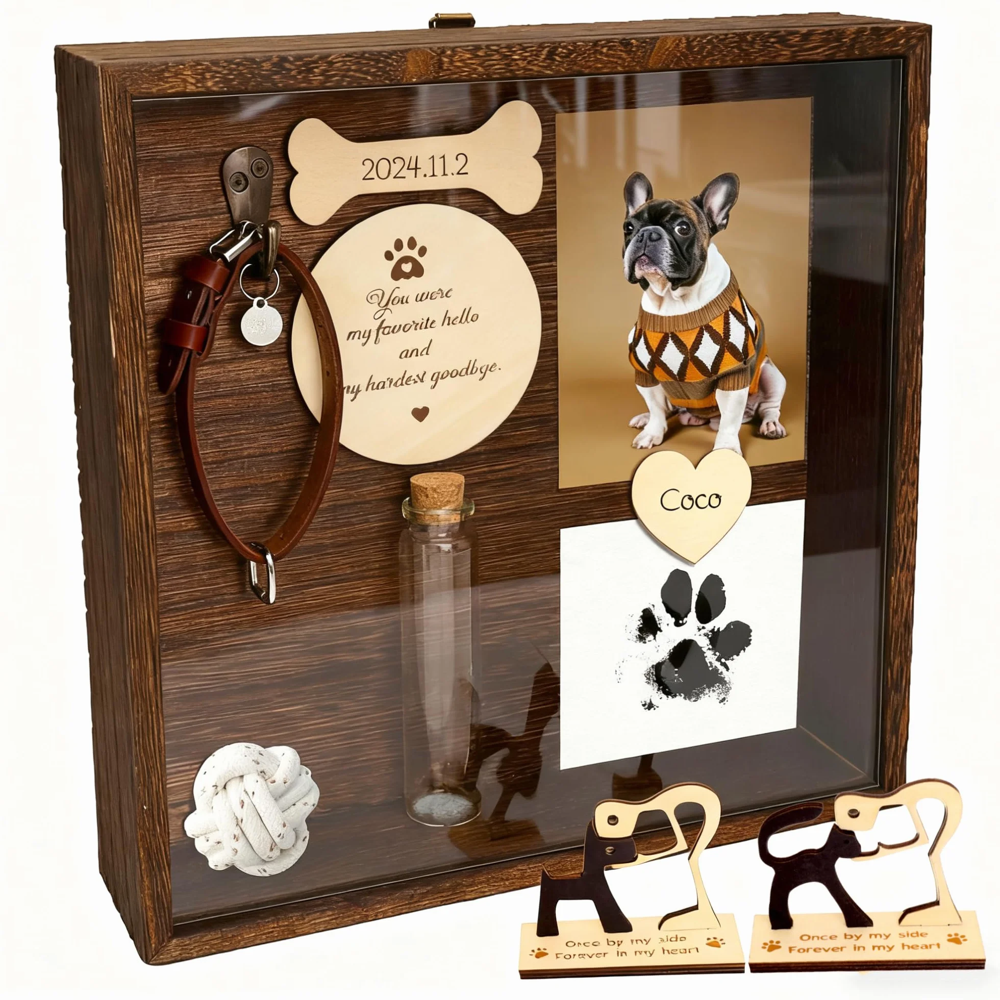 21,8 cm Große Schattenbox für Haustiere Gedenkgeschenk,Halsbandhalter,Bilderrahmen,Hundeskulptur Holz,Beileidsgeschenk Tierliebhaber,Tisch Wandbehang (Dunkelbraun)