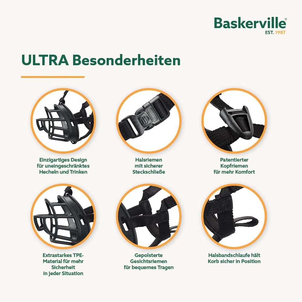 Baskerville ULTRA Maulkorb - Patentierter Maulkorb für Hunde, Hunde können hecheln, fressen und trinken, Verhindert das Beißen und Stöbern nach Wildtieren, Ideal für große Hunderassen (Größe 5)