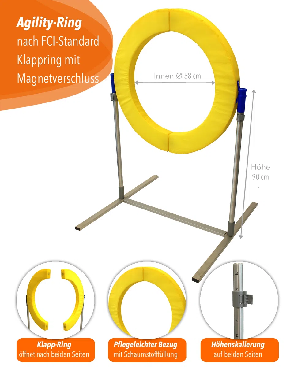 Safety Agility-Reifen – FCI-konform – mit Magnetverschluss & Schaumstofffüllung – höhenverstellbar & sicher – Agility-Training für Hunde