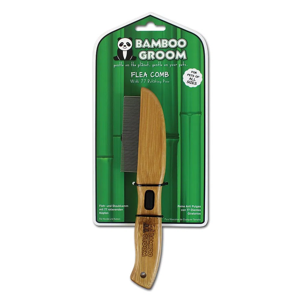 BAMBOO GROOM Flea Comb I Flohkamm mit 77 rotierenden Pins I Kamm aus Bambus zur Verteilung von Flohmittel I Hundebürste für jedes Fell I Bürste für sensible Bereiche I Flohkamm für Katzen & Hunde