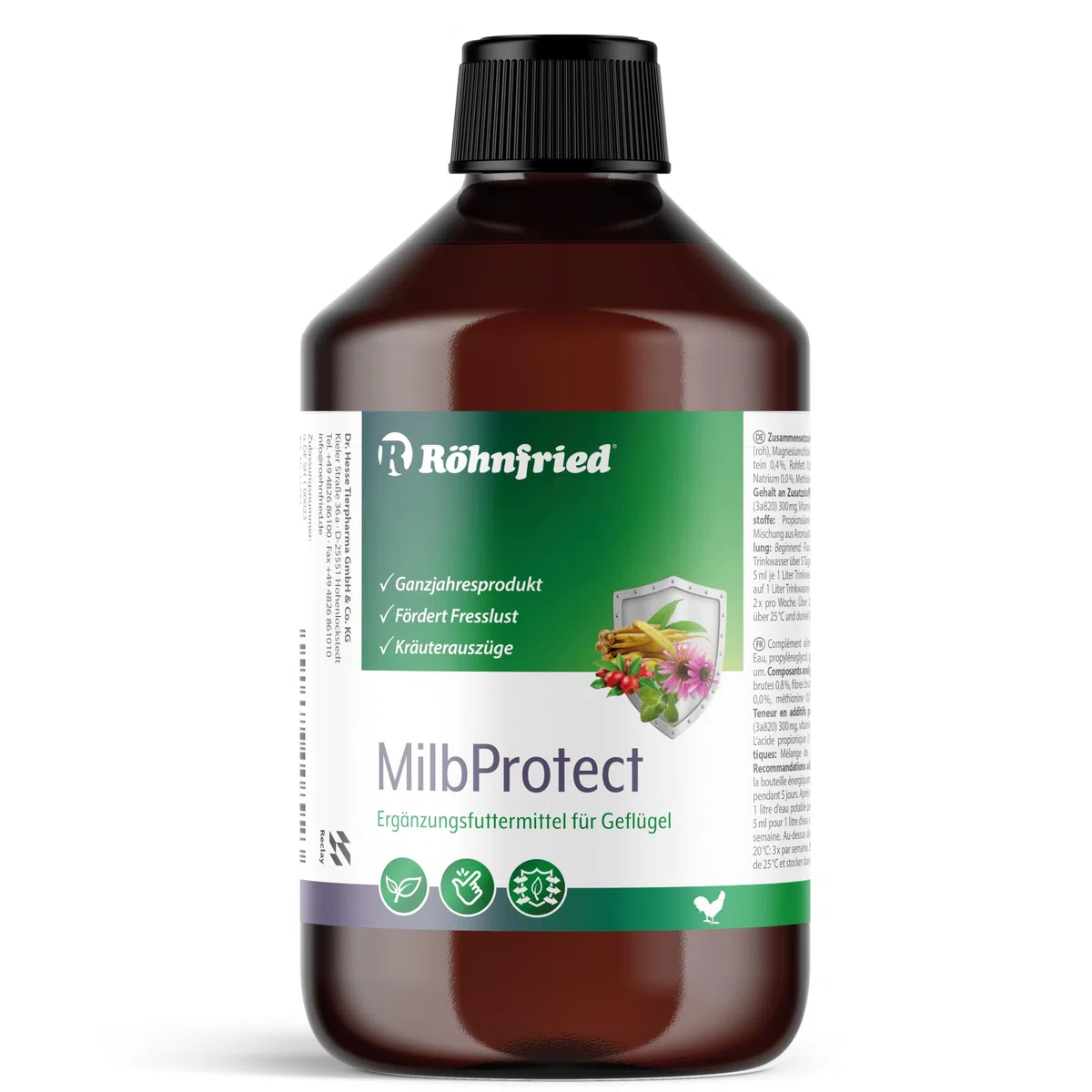 Röhnfried MilbProtect 500 ml I Vor & Nach Milbenbefall I Ergänzungsfuttermittel für Geflügel I fördert Fresslust I Kräuter I Ganzjahresprodukt