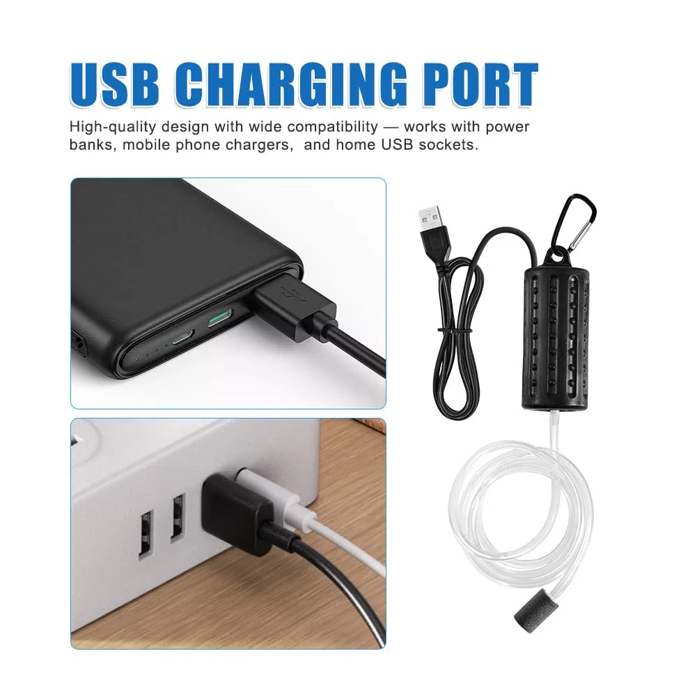 2 Stück Aquarium Luftpumpe, Mini Sauerstoffpumpe USB, leise Oxygen Pumpe 1W mit Luftstein und Schlauch, energiesparende Membranpumpe für Fischtank Wasserpumpe