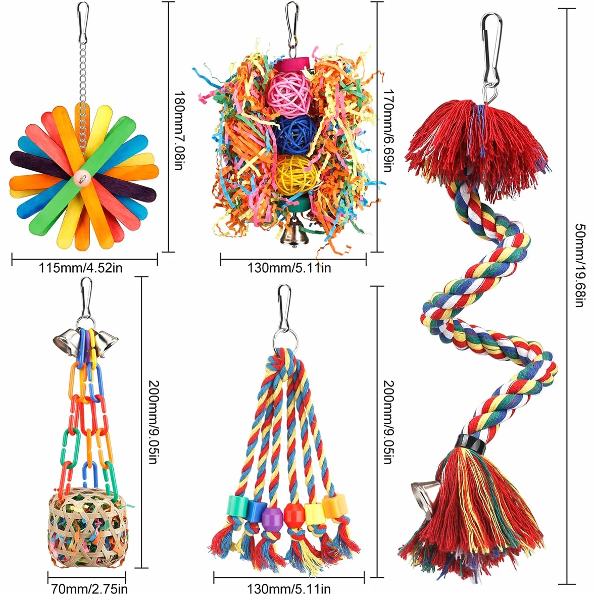 Vogelspielzeug, Seil mit Glocke, bunt, zum Kauen, Sitzstange, Wellensittiche, Schaukel, Klettern, Fußstütze, Käfigzubehör