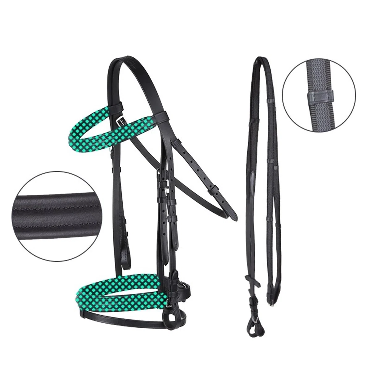 Zügel Pferd Braunes Reitpferd mit Gummi-Anti-Skip-Zügeln, Trainingspferd, schwarzes Rindsleder-Halfter Zügeln(Black S)