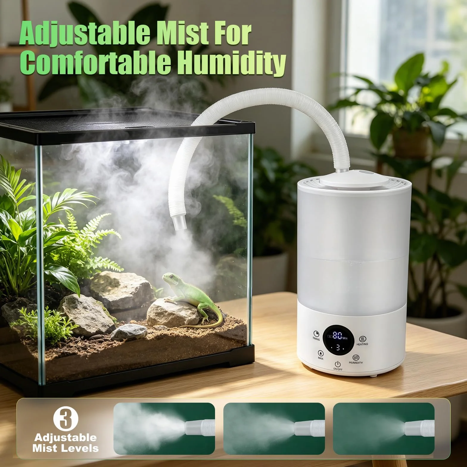 Reptilien Luftbefeuchter 4L Terrarium Vernebler mit Feuchtigkeits-Sensor, Timer, Doppelschlauch Ausziehbarem, Ultraleiser Nebelgerät Großem Nebelmaschine,für Reptilien Amphibien Feuchtigkeitspflanzen