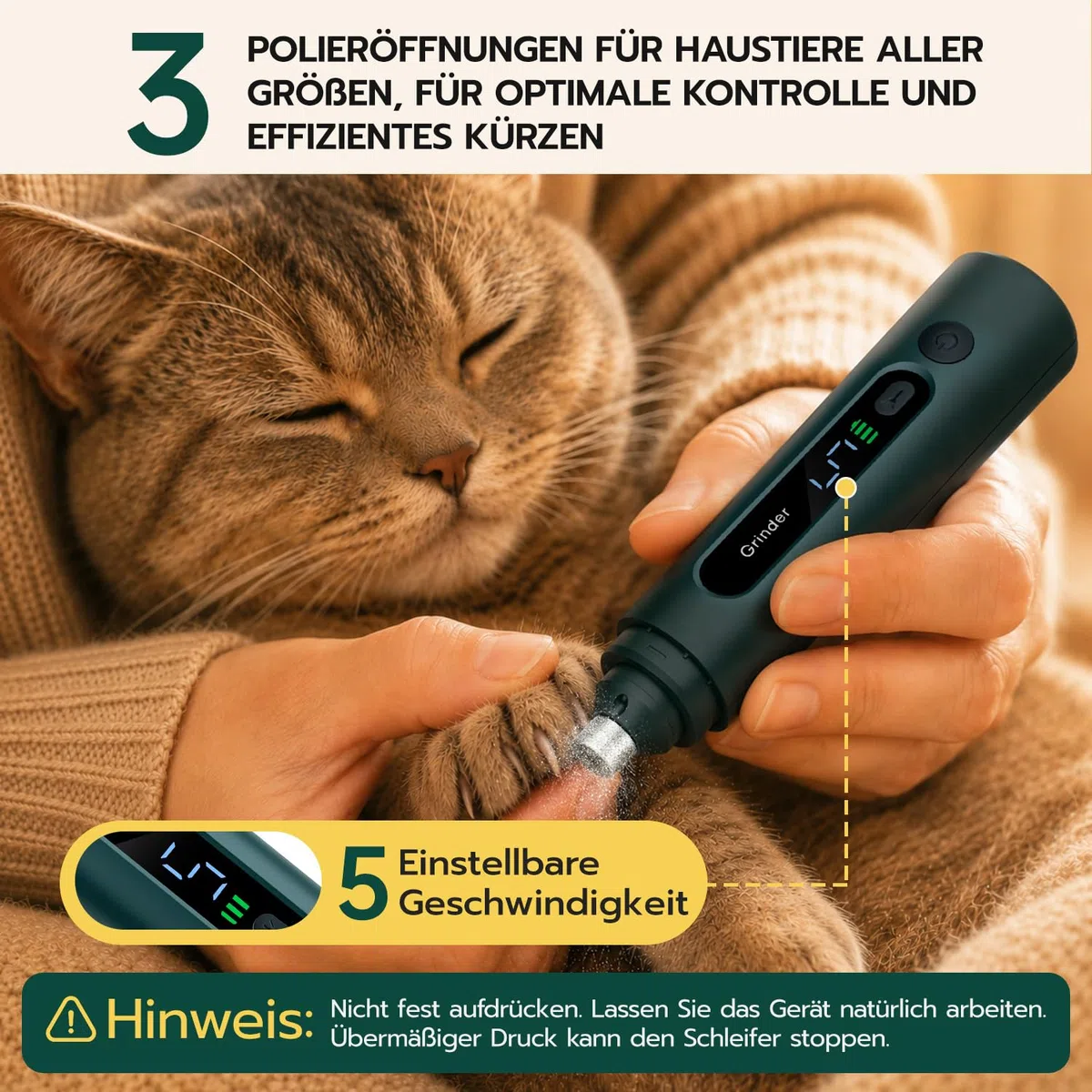 Krallenschleifer für Hunde – LED Beleuchtung, 5 Stufen, 45 dB leiser Motor – für kleine, mittelgroße & große Hunde und Katzen