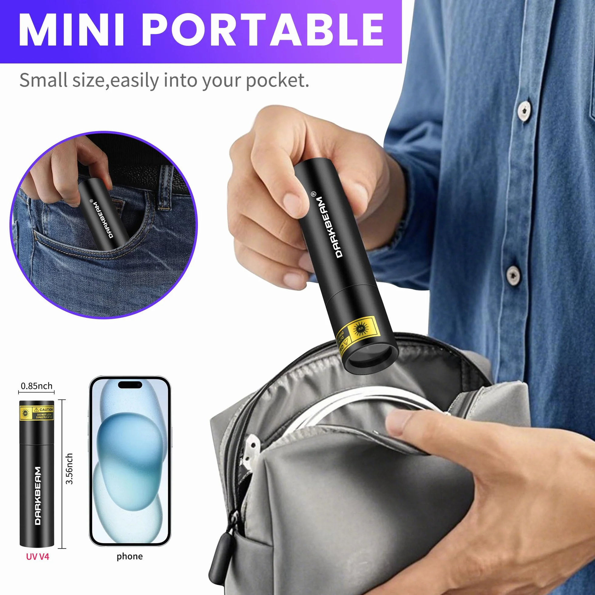 DARKBEAM 365nm UV Taschenlampe Mini Schwarzlicht – Wiederaufladbare USB-starke UV LED Taschenlampen, tragbare Woods-Lampe, Detektor für Aushärtung des Harzes, Bernstein Lampe, Heimtierurindetektoren
