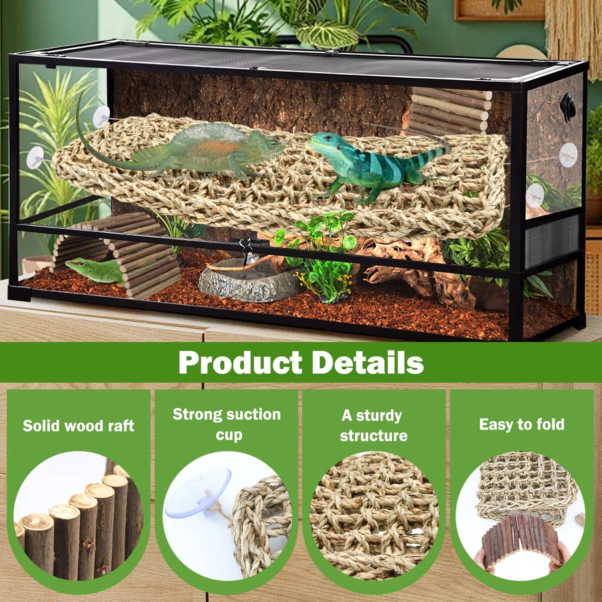 QUOZUO Bartagrachen Tankzubehör, Reptilien-Habitat-Hängematte, natürliches Seegras und Naturholz, biegbare Brücke zum Klettern, Einsiedlerkrebse, Eidechse, Mäuse, Spinnen, Schildkröte, Schlange