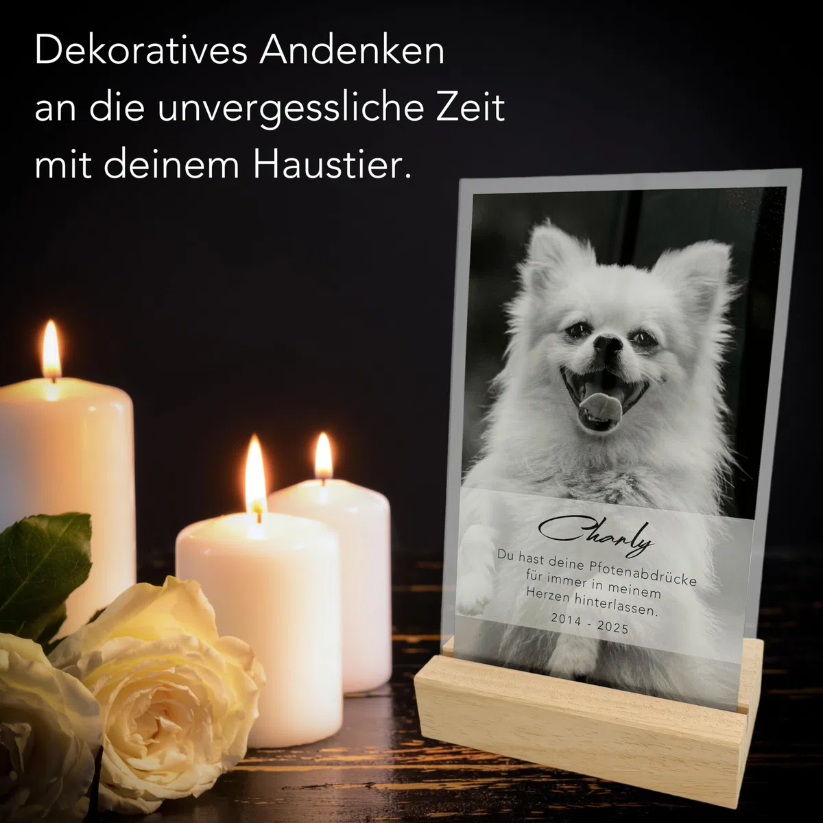 DEL MÀ Unique & Personal Andenken an verstorbenen Hund Bild Gedenktafel aus Acryl zur Erinnerung & Trauer personalisiert mit Foto Geschenk für Hundebesitzer inkl. Holzfuß 13x20 cm (Hochformat)