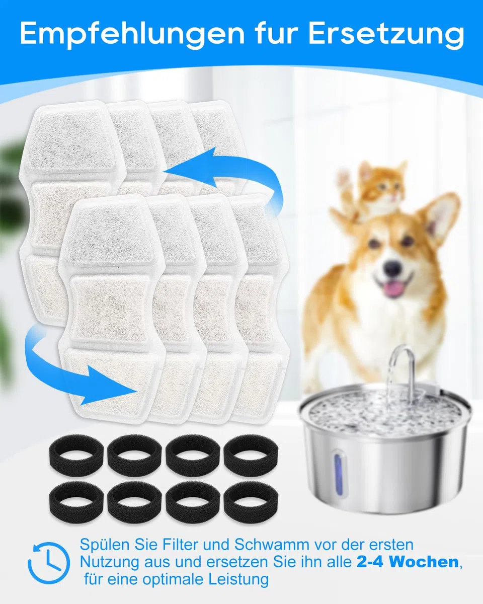 8 Pack Ersatzfilter für Invengo 3.2L Katzenbrunnen Edelstahl, 5-Schicht Filtration für Invengo 3.2L/2.2L Ultra-Leiser Trinkbrunnen für Katze, 8 Kohlefilter und 8 Schaumstoffschwämme (8+8)