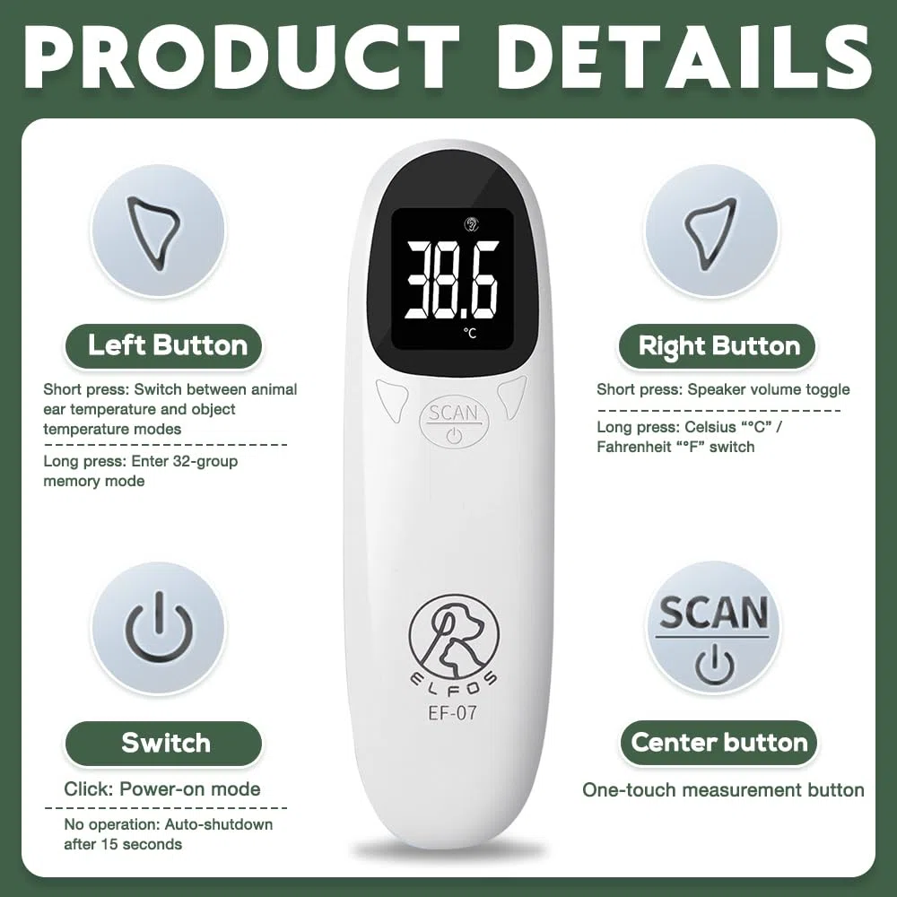Ohrthermometer Hund, Fieberthermometer Hund mit LED Anzeige, 12,8 * 3,9 cm Tragbares Fieberthermometer Ohr, Fiebererkennung für Katzen, Hunde, Kühe, Ferd(Weiß)