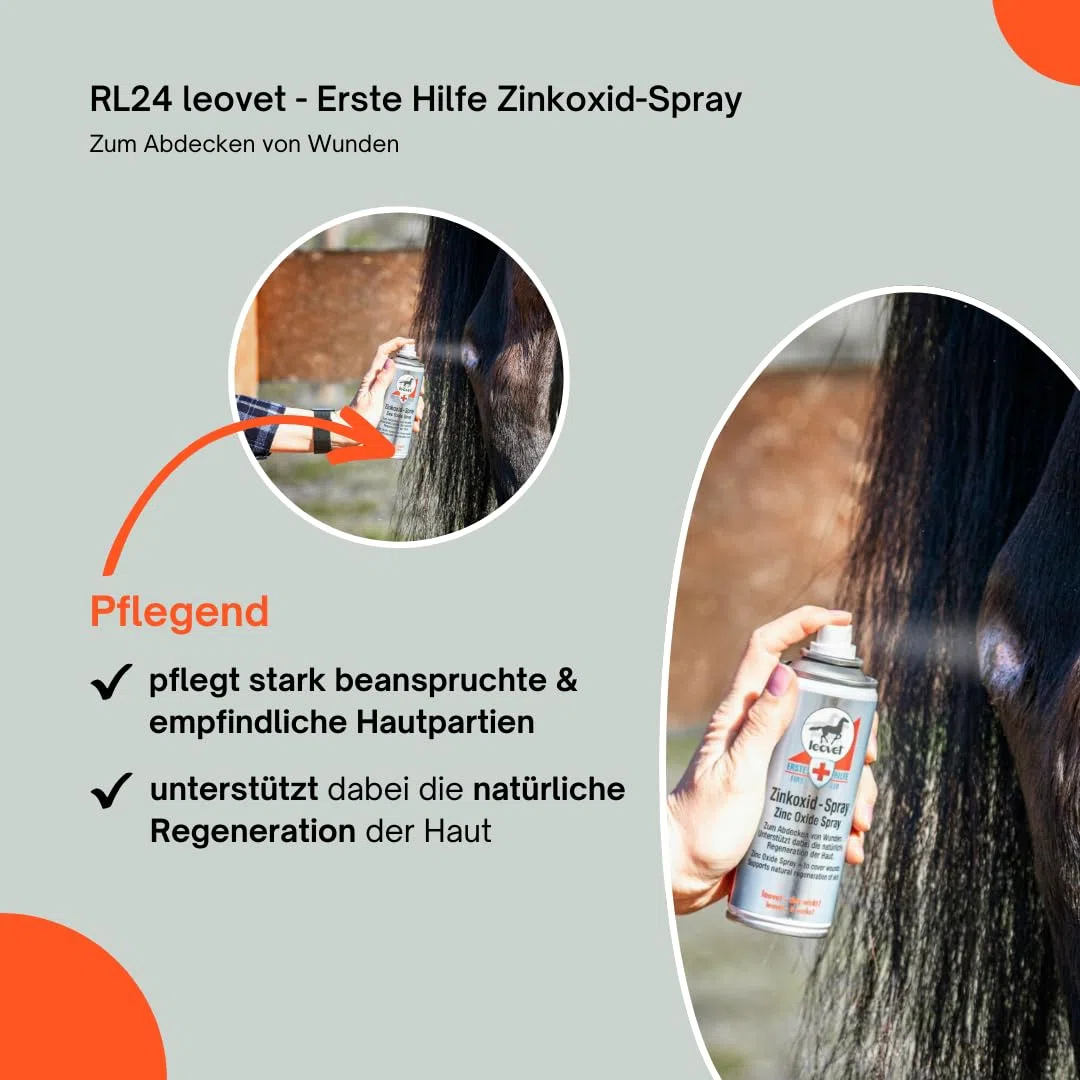 RL24 leovet - Erste Hilfe Zinkoxid-Spray | Pferde-Zinkspray zum Abdecken von Wunden | Zinksalbe zum Sprühen | Schutzfilm vor Schweiß & Urin | pflegt beanspruchte Hautpartien | 1 x Wundspray 200 ml