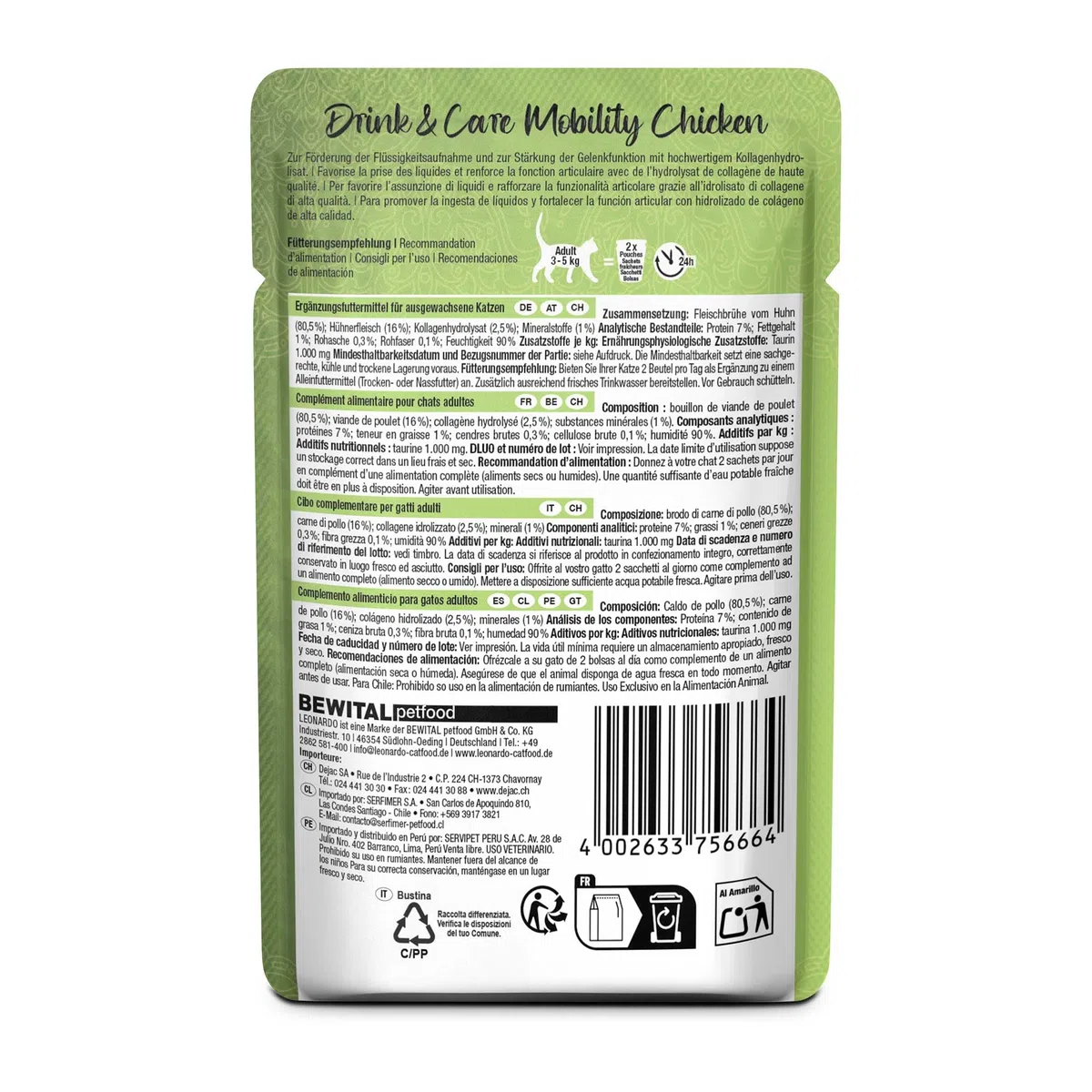 Leonardo Drink & Care Mobility Chicken | 20 x 40 g | Ergänzungsfuttermittel für ausgewachsene Katzen | Zur Unterstützung der Flüssigkeitsaufnahme und der Gelenkfunktion