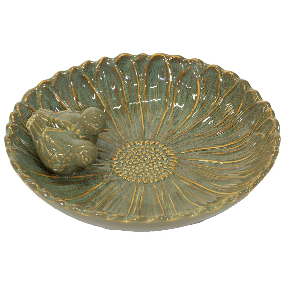 colourliving Keramik Vogeltränke „Royal“, rund, Ø 28 cm, glasiert, mit Deko-Vögeln, Stilvolle Wasserschale für den Garten – dekorativ, wetterfest & liebevoll verarbeitet (Olive)