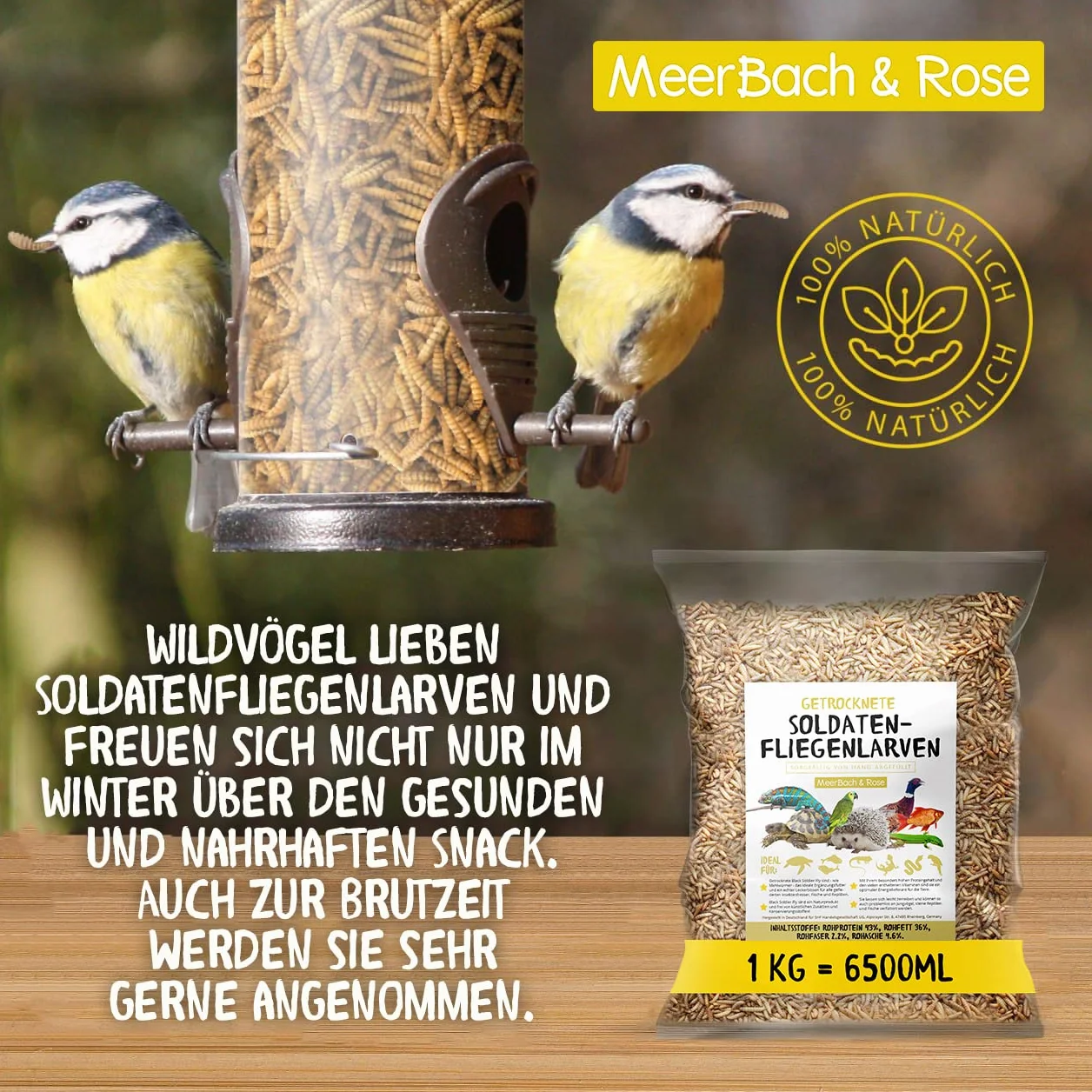 Soldatenfliegenlarven getrocknet 1kg (entspricht 13 Litern) PROTEINREICH | Ganzjähriger Insektensnack für Vögel, Fische, Schildkröten + Reptilien. MEERBACH & ROSE – Premium Qualität aus Deutschland