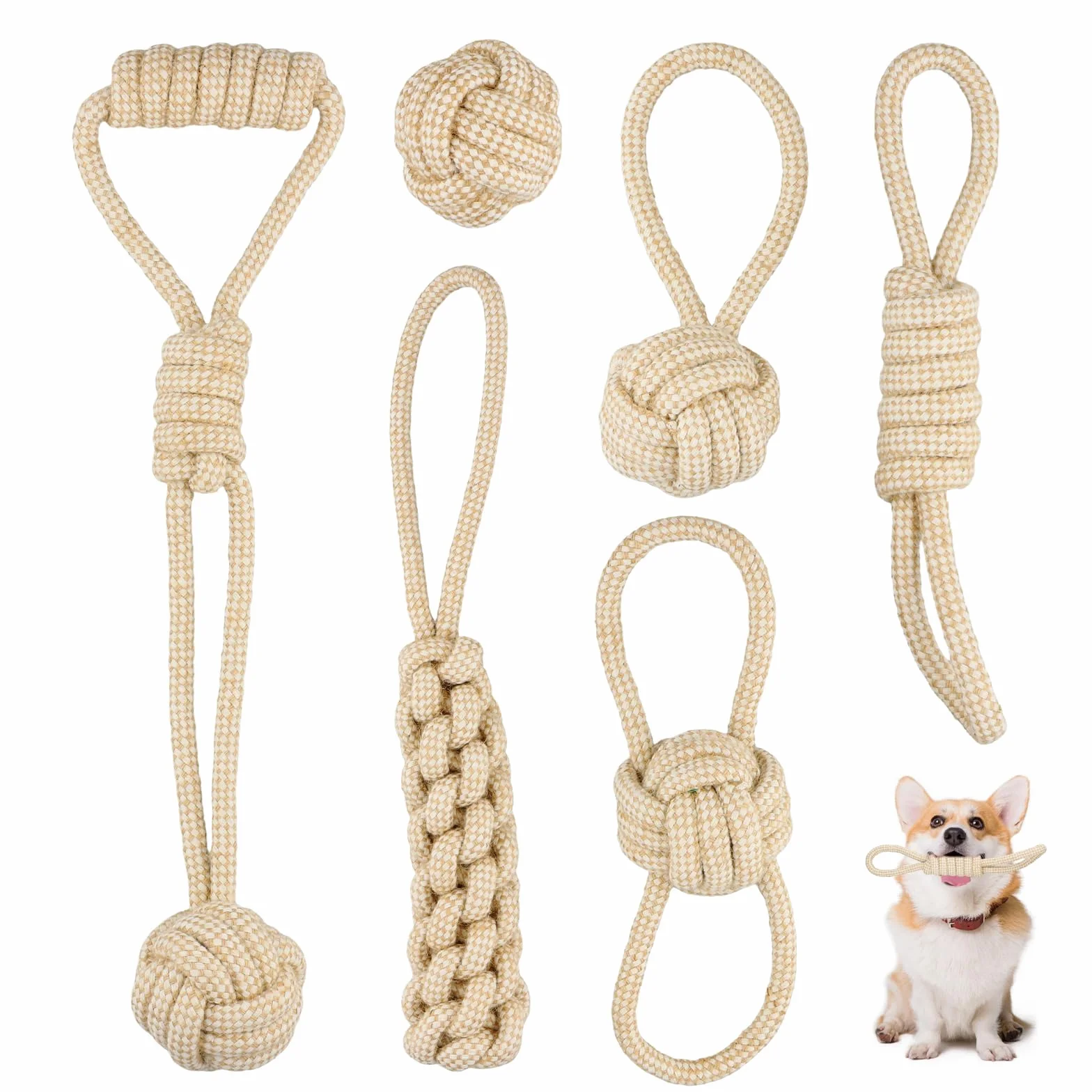 Hundespielzeug Set, 6 Stück Hunde Kauspielzeug Seil, Hundeseile Spielzeug aus Baumwolle & Hanf, Interaktives Kauspielzeug, Hundespielzeug Seil für Welpen, Kleine, Mittelgroße Hunde