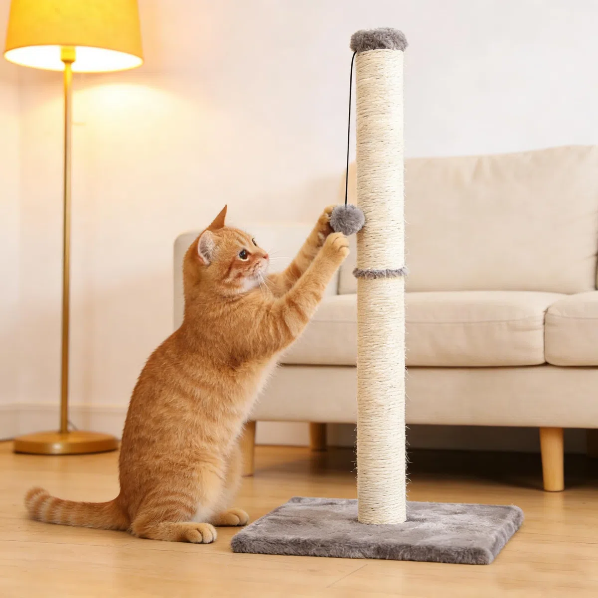 Kratzsäule für Katzen,Kratzbaum für Katzen 80cm Kratzsäule XXL Natural Sisal Seil Pole mit hängendem Ball, weicher Plüsch,Scratching Post