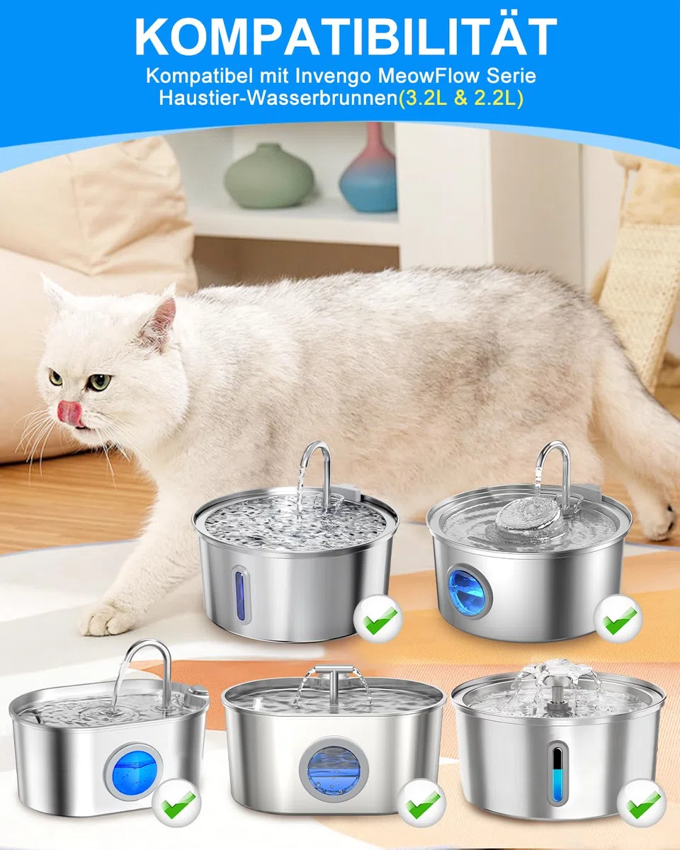 8 Pack Ersatzfilter für Invengo 3.2L Katzenbrunnen Edelstahl, 5-Schicht Filtration für Invengo 3.2L/2.2L Ultra-Leiser Trinkbrunnen für Katze, 8 Kohlefilter und 8 Schaumstoffschwämme (8+8)