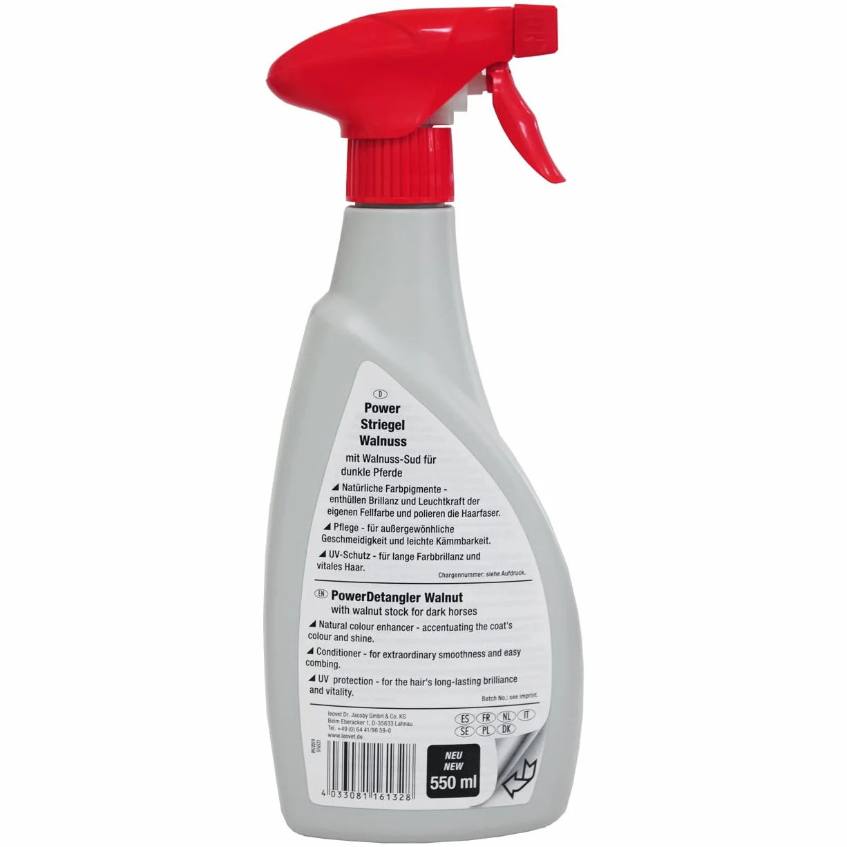 Leovet Power Striegel Walnuss Sprühflasche | 550 ml | Fellpflege für Pferde mit dunklem Fell | Schnellere Kämmbarkeit von Mähne und Schweif | ADMR konform, Keine Karenzzeit