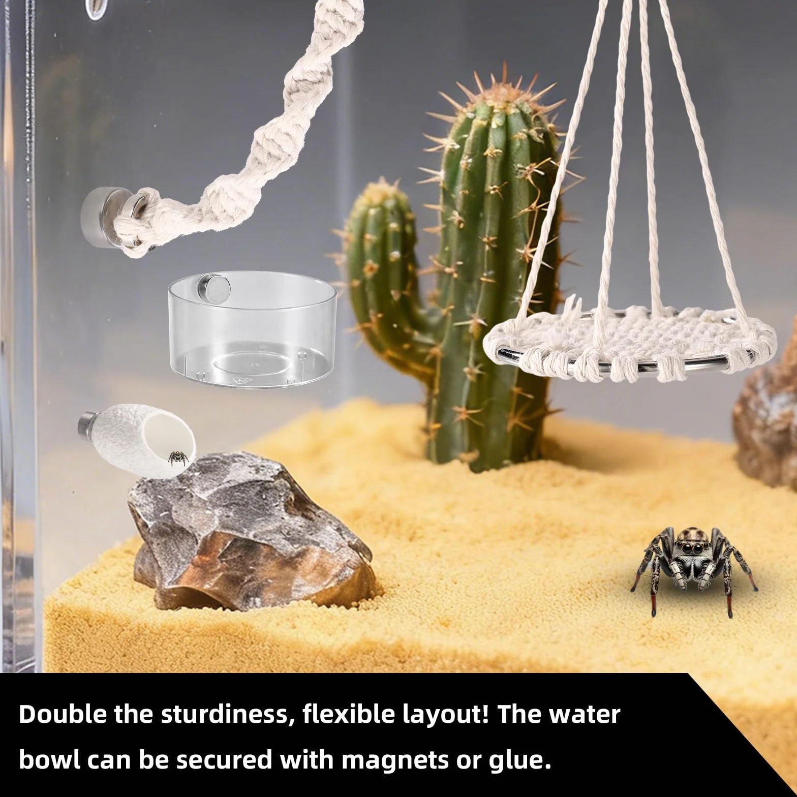 18stk Springspinne Zubehör für Terrarium Set, Bestehend aus Baumwollseilschaukel Plattformschaukel mit Nest Wasserschale Pinzette Sprühflasche Bürste und Magneten für Springspinnen Terrarium