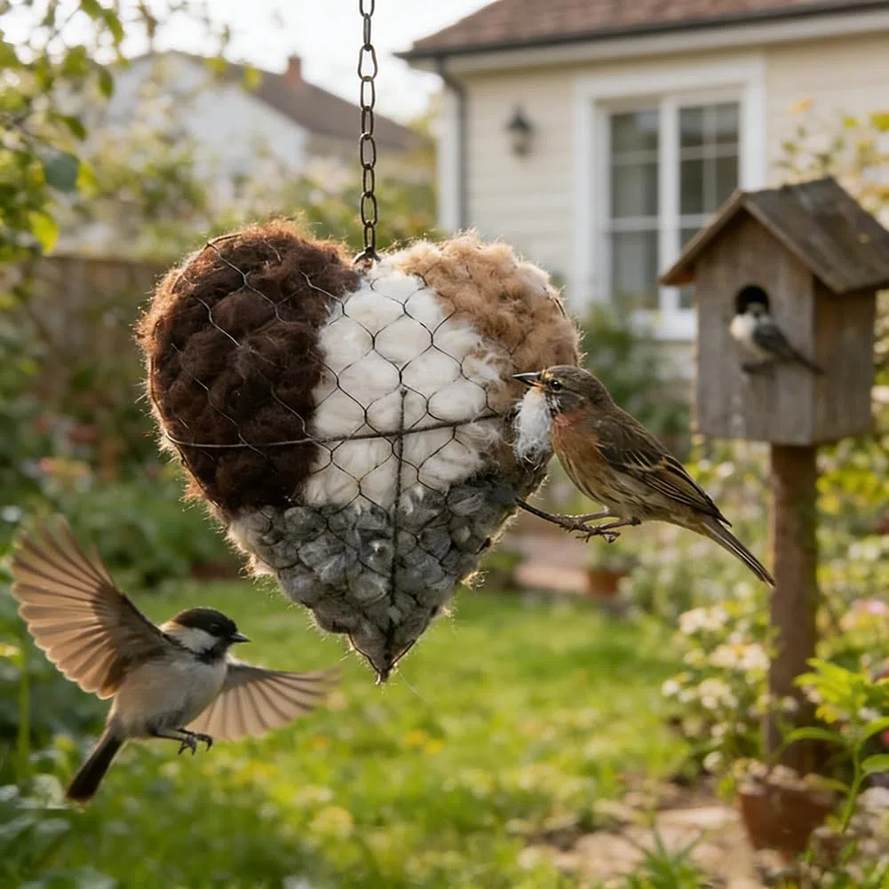 Wollherz für Vögel, Zupfherz Alpakawolle-Spender, Nachfüllbarer Nistmaterialhalter, Natürlich Weich Nestbauhilfe, Bietet Unterschlupf Nistmaterial Für Vögel Im Winter, Garten (1pcs)