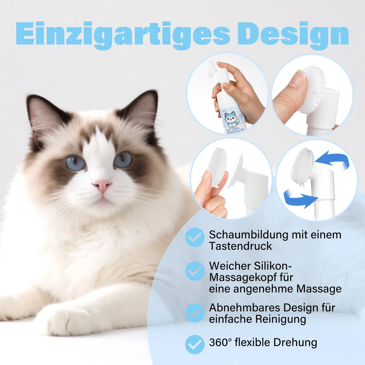 Katzen Mitesser Schaumreiniger mit Bürste 100ml – Sanfte, hypoallergene Unterkieferpflege, entfernt Schwarze Punkte & Pickel, beruhigt Akne, für alle Katzenrassen, ohne Ausspülen