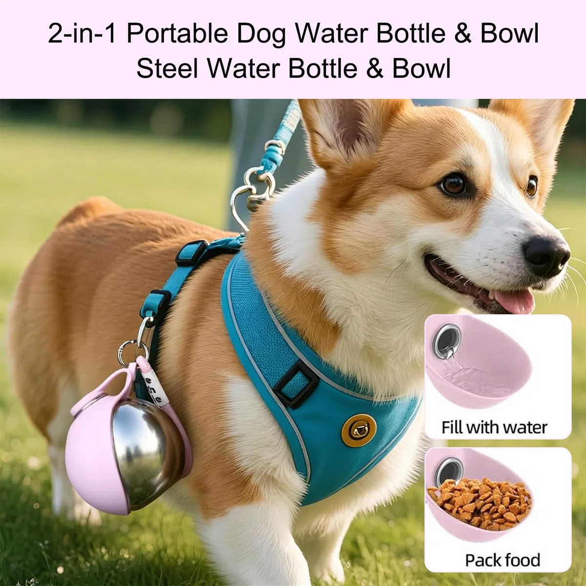 Trinkflasche Hunde für Unterwegs, Edelstahl Hunde Trinkflasche, Auslaufsichere & Kompakte Hundetrinkflasche,mit Faltbarem Silikonnapf, für Spaziergänge, Wanderungen & Reisen,285 ml (Rosa)