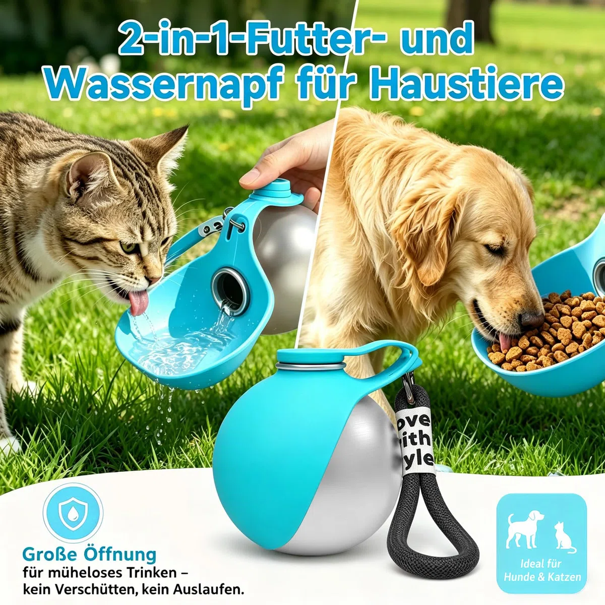 Trinkflasche Hunde für Unterwegs, 285ml Tragbare Edelstahl Hundetrinkflasche mit Faltbarem Silikonnapf, TrinkflaschHunde Trinkflasche to Go,Wasserflasche Hunde Katze für Wnterwegs Reise Camping(Blau)