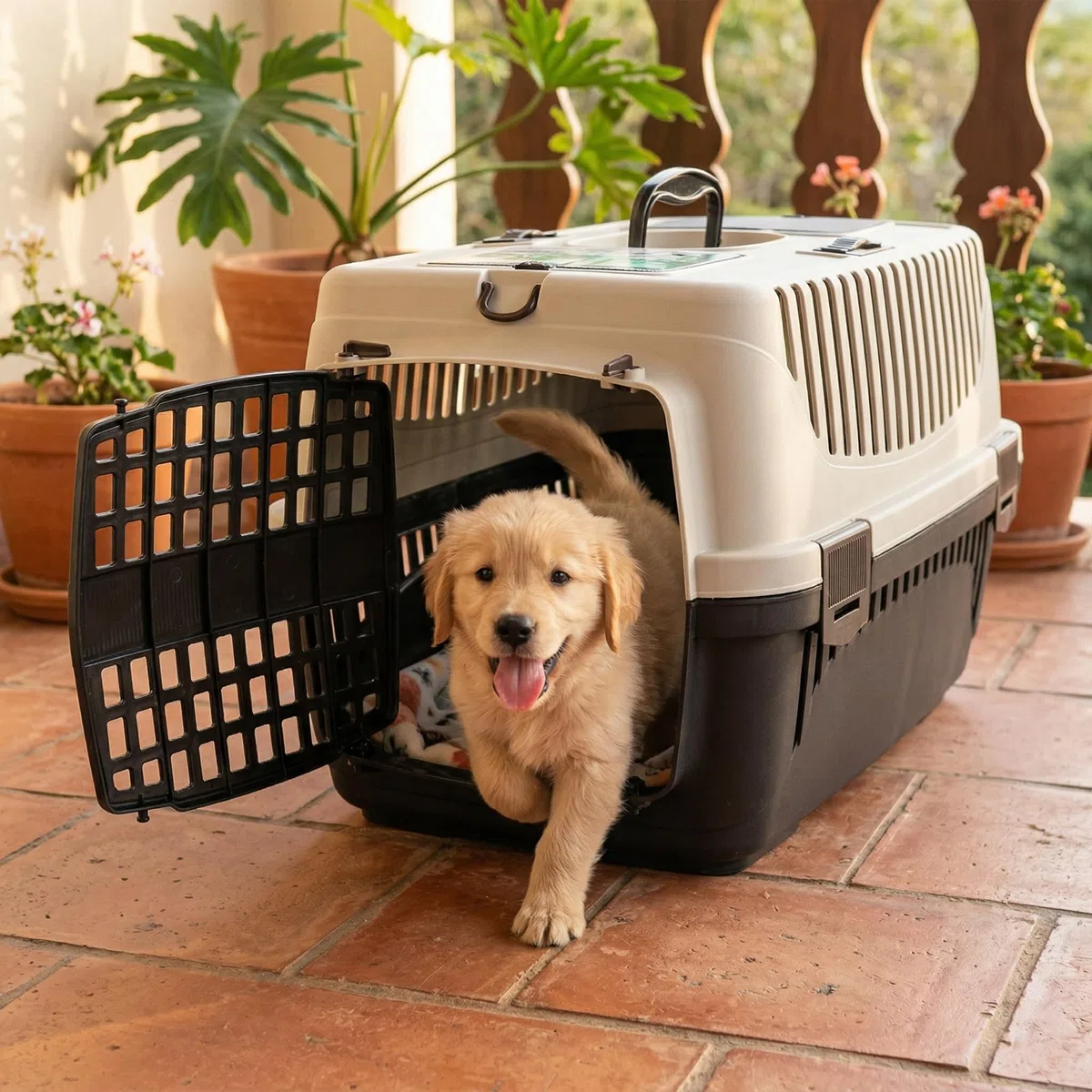 HAPPET Hundetransportbox Molly M Beige Braun 55x36,5x33 cm – Stabile Transportbox Hund aus Kunststoff mit Belüftung, sichere Hundebox für Auto, Reisen & Transport für kleine Hunde