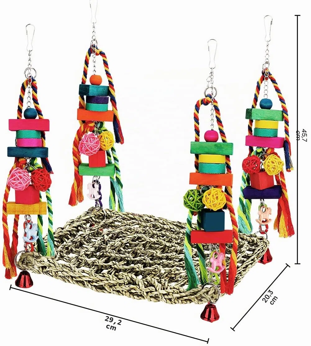 Vogelspielzeug, Sittichspielzeug, Vogelfutter, Wandspielzeug, Seegras, gewebte Hängematte, Schaukelmatte zum Klettern, Barsch, Schaukel, mit Buntem Holzkauspielzeug für Lovebirds, Sittiche (groß)