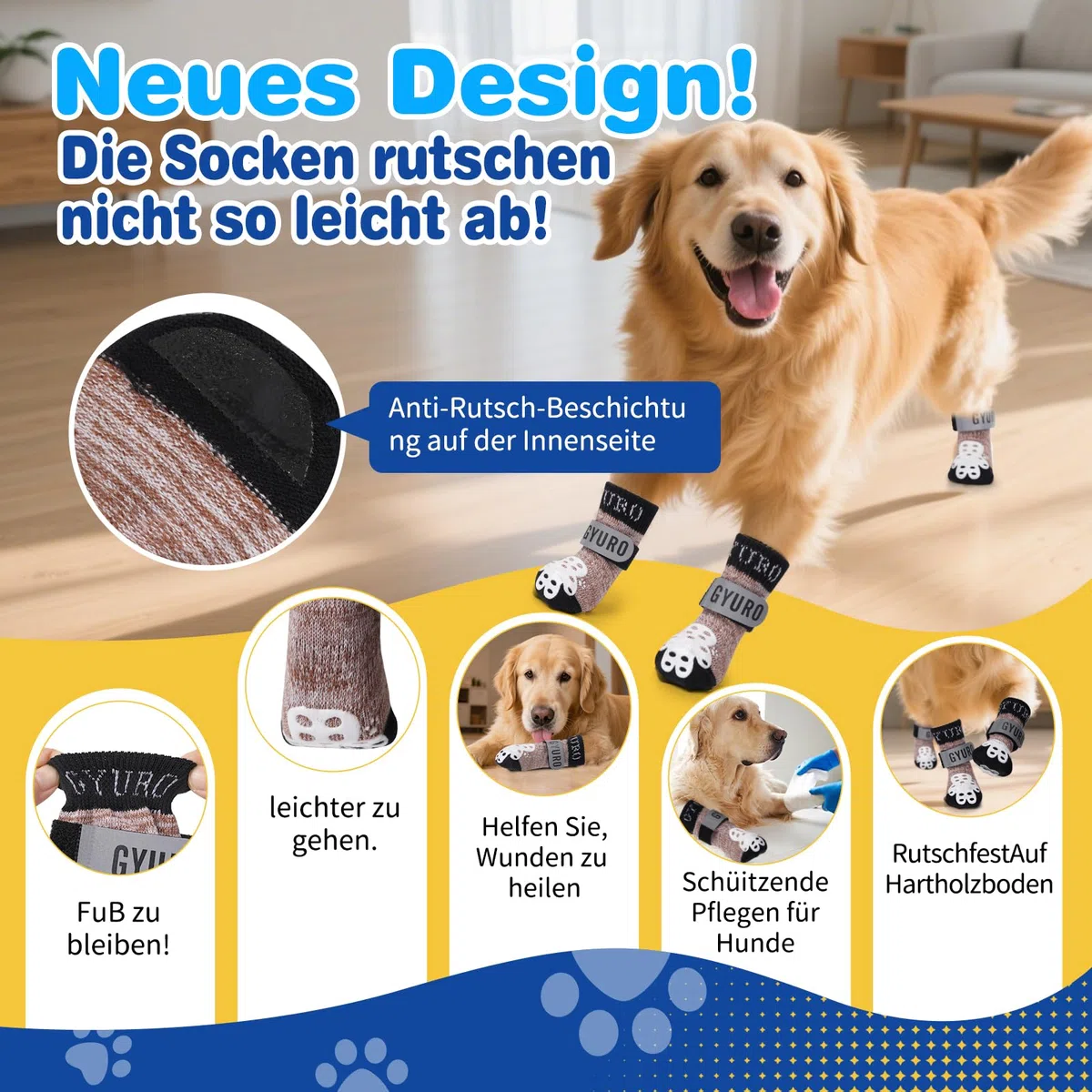 4-seitige rutschfeste Hundesocken mit reflektierenden verstellbaren Trägern für Indoor-Pfotenschutz auf Hartholzböden mit Vollschutz-Traktionskontrolle (Khaki, XL)