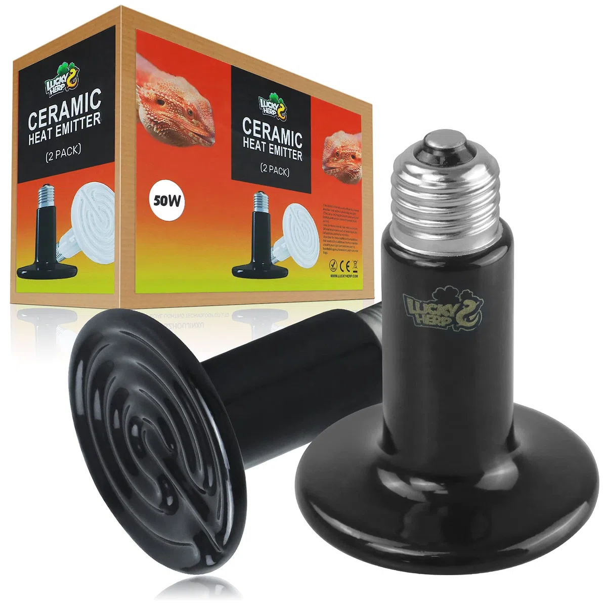 LUCKY HERP 2 Pack 50W Reptilien Keramik Wärmelampe, Schildkröten Terrarium Lampe E27, Terrarium Wärmelampe Tiere für Reptilien, Schildkröte, Bartagame, Huhn, Hund