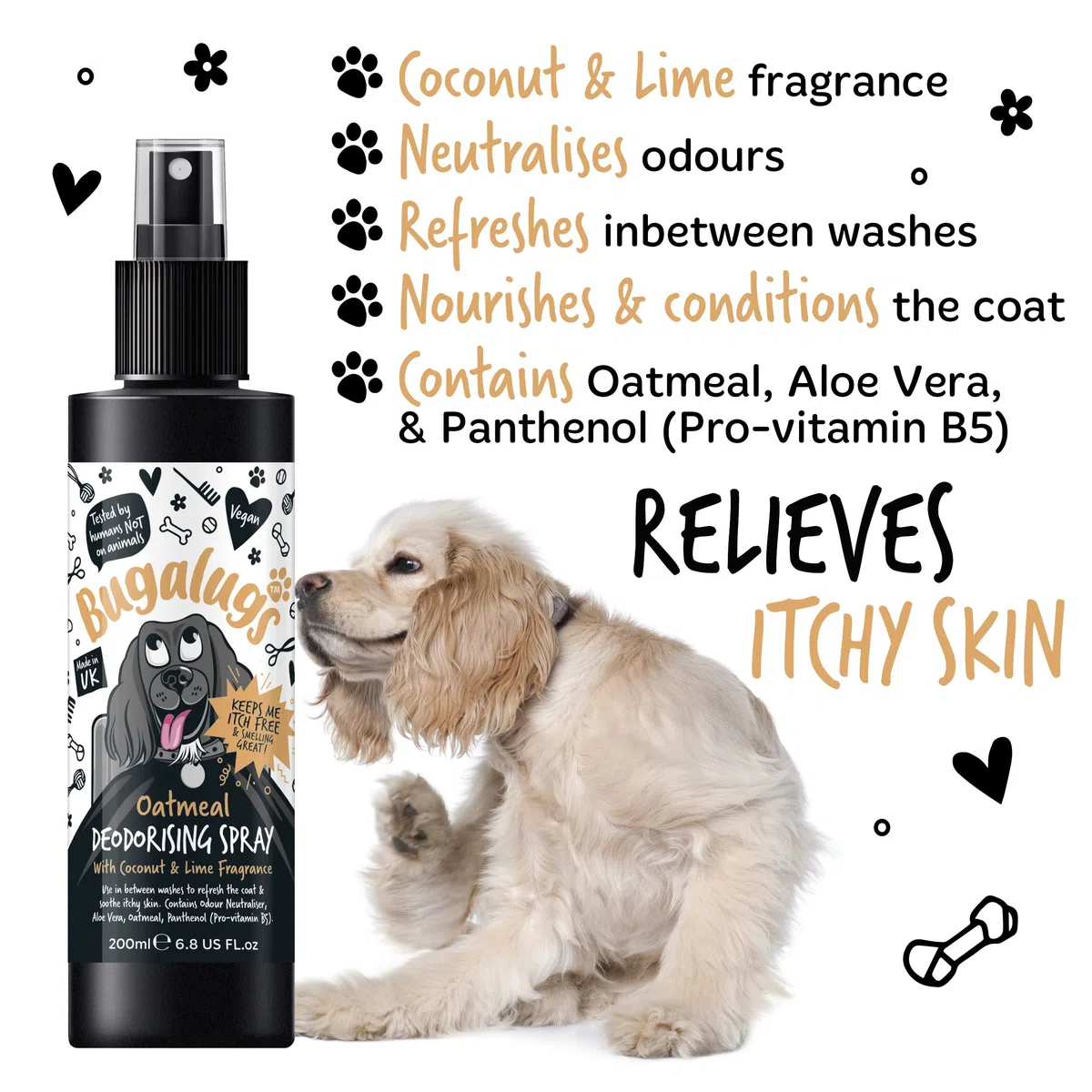 Bugalugs Deodorant für Hunde, 200 ml, Haferflocken und Aloe Vera, neutralisiert Gerüche und beruhigt die Haut, ohne Alkohol und Parabene, ideal für den täglichen Gebrauch oder zwischen Bädern mit